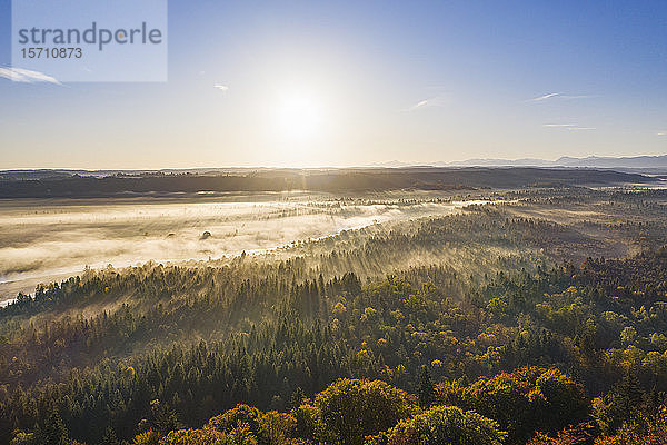 Deutschland  Bayern  Oberbayern  Naturschutzgebiet Isarauen  Luftaufnahme der Isar bei Sonnenaufgang