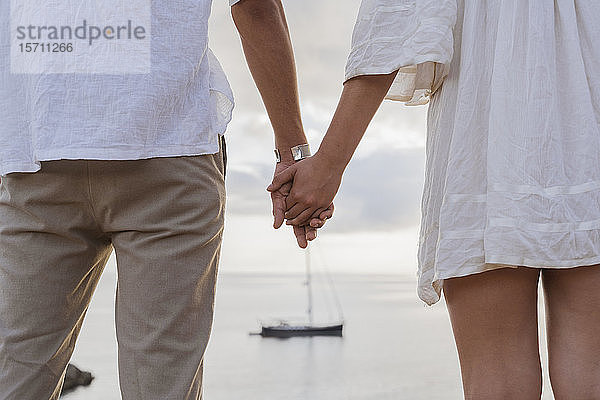 Rückansicht eines jungen verliebten Paares  das vor dem Meer steht und sich an den Händen hält  Ibiza  Balearen  Spanien