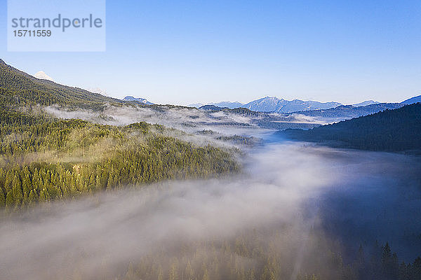 Deutschland  Bayern  Mittenwald  Luftaufnahme des Morgennebels  der den Ferchensee und den umliegenden Wald bedeckt