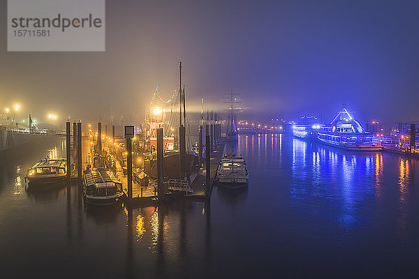 Deutschland  Hamburg  Hafencity  Hafen in nebliger Nacht beleuchtet