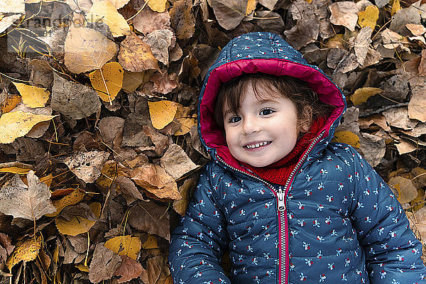 Porträt eines fröhlichen kleinen Mädchens auf Herbstlaub liegend