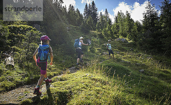 Mutter mit zwei Kindern beim Wandern in alpiner Landschaft  Passeiertal  Südtirol  Italien