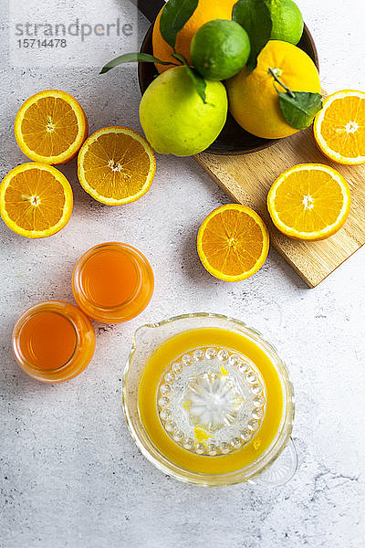Entsafter  reife Zitrusfrüchte und Gläser mit frisch gepresstem Orangensaft