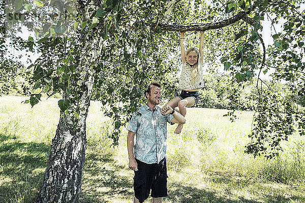 Vater überprüft die Zeit  während die Tochter an einem Birkenzweig hängt