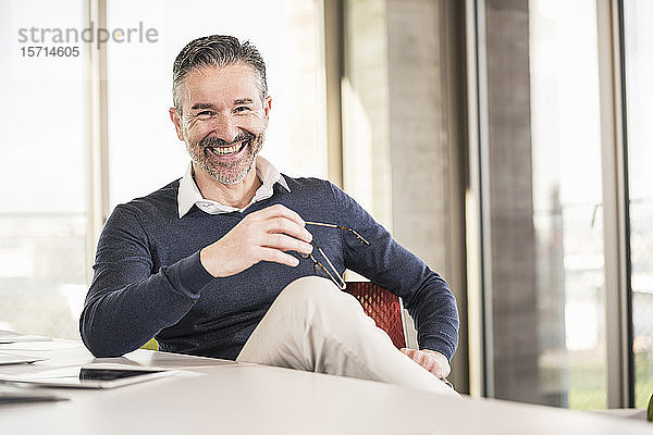 Porträt eines glücklichen reifen Geschäftsmannes  der im Büro am Schreibtisch sitzt