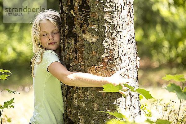 Kleines Mädchen umarmt Baum im Wald