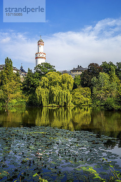 Deutschland  Hessen  Bad Homburg vor der Hohe  Weißer Turm über den Bäumen rund um den grünen See