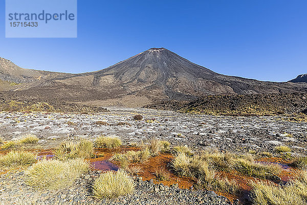 Neuseeland  Distrikt Ruapehu  klarer Himmel über Soda Springs und dem Vulkan Mount Ngauruhoe