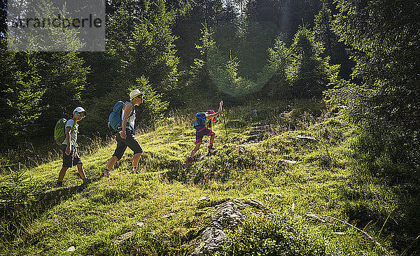 Mutter mit zwei Kindern beim Wandern in alpiner Landschaft  Passeiertal  Südtirol  Italien