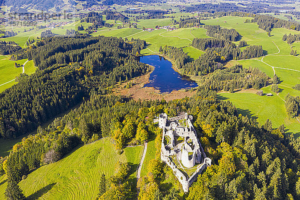 Deutschland  Bayern  Eisenberg  Luftaufnahme der Ruine der Burg Hohenfreyberg auf einem bewaldeten Hügel