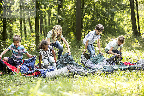 Schulkinder packen ihre Schlafsäcke aus  um im Wald zu campen