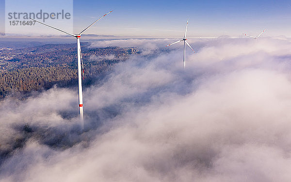 Deutschland  Baden-Württemberg  Goldboden  Windpark in Herbstnebel gehüllt