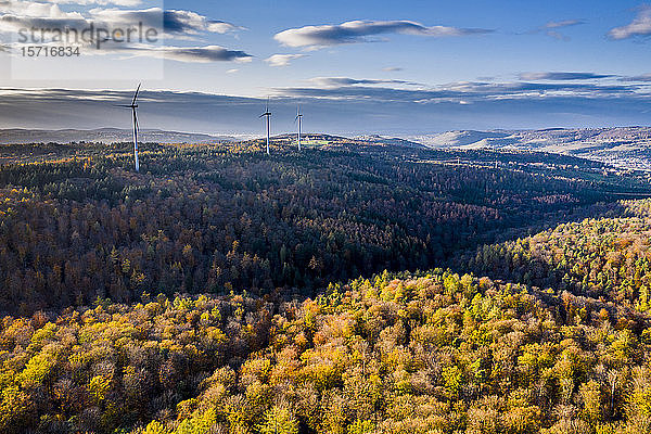 Deutschland  Baden Württemberg  Rems-Murr-Kreis  Luftaufnahme von Windkraftanlagen und Wald im Herbst