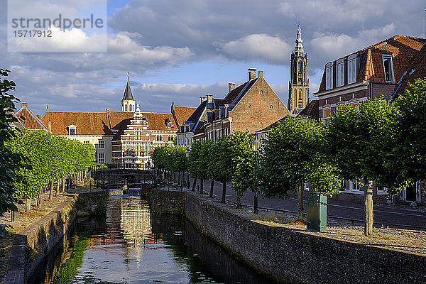 Niederlande  Utrecht  Amersfoort  Baumreihe entlang des Eem-Kanals mit Geschichtsmuseum im Hintergrund