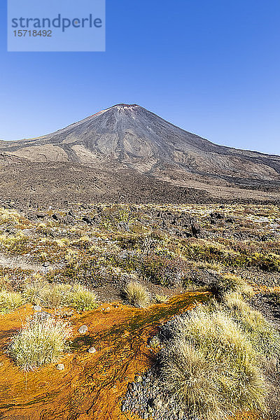 Neuseeland  Distrikt Ruapehu  klarer Himmel über Soda Springs und dem Vulkan Mount Ngauruhoe