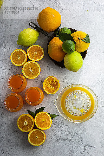 Entsafter  reife Zitrusfrüchte und Gläser mit frisch gepresstem Orangensaft