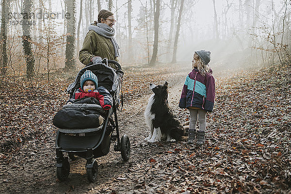 Mutter mit Töchtern und Border Collie beim Waldspaziergang im Herbst