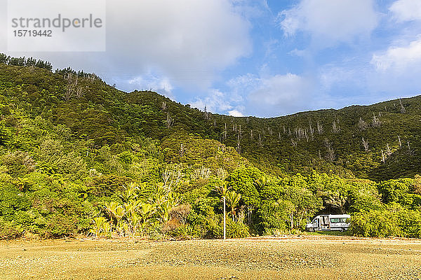 Neuseeland  Region Marlborough  Wohnmobil am Fuße des bewaldeten Hügels von Nikau Cove geparkt