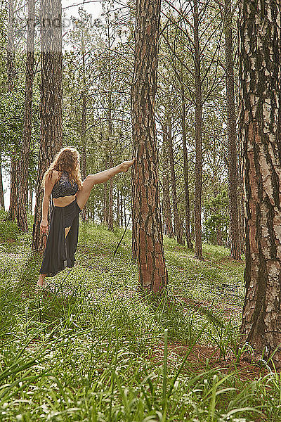 Barfüßige junge Frau macht Dehnübungen im Wald