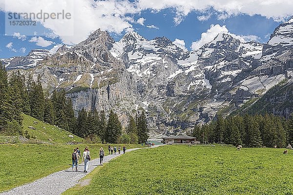 Wanderweg zum Restaurant Zur Sennhütte am Oeschinensee  hinter der Blüemlisalp  Kandersteg  Berner Oberland  Kanton Bern  Schweiz  Europa