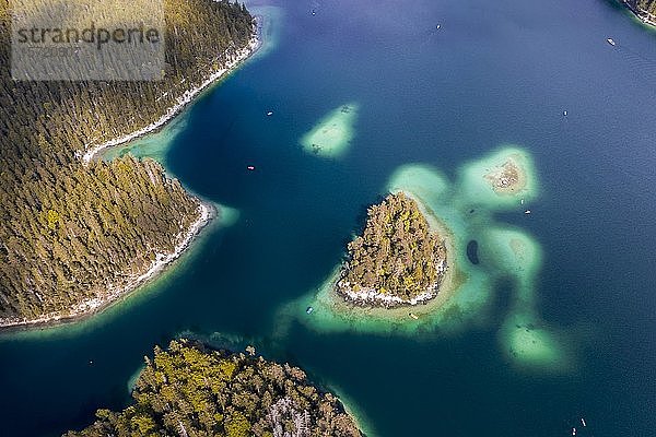 Luftaufnahme  Kleine Insel und bewaldetes Ufer von oben  Eibsee bei Grainau  Oberbayern  Bayern  Deutschland  Europa