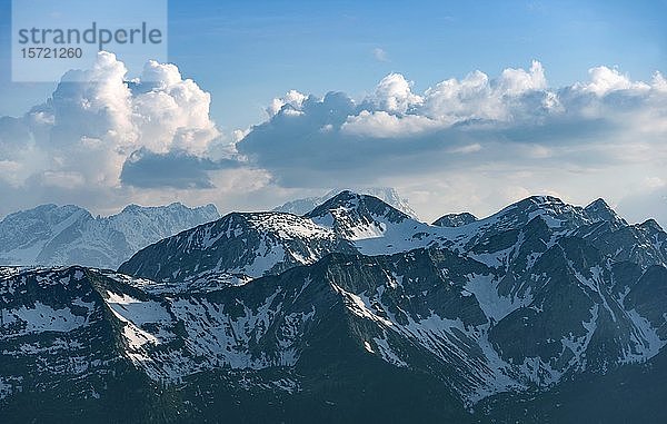 Blick vom Herzogstand auf das Karwendelgebirge  schneebedeckte Berge  Bayern  Deutschland  Europa