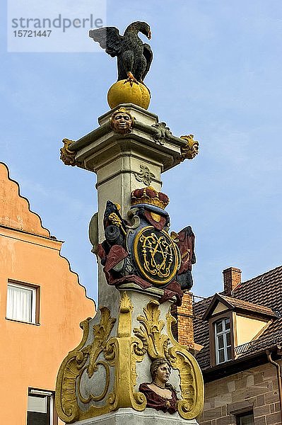 Barocker Markgrafenbrunnen mit brandenburgischer Adlerfigur auf dem Marktplatz  Altstadt  Roth  Mittelfranken  Franken  Bayern  Deutschland  Europa