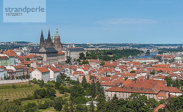 Blick vom Petrin Park auf den Veitsdom und die Prager Burg  Malá Strana und Altstadt mit Moldau  Prag  Böhmen  Tschechische Republik  Europa