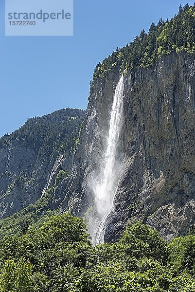 Staubbachfall  der von einer hohen Felswand herabstürzt  Lauterbrunnental  Lauterbrunnen  Berner Oberland  Schweiz  Europa