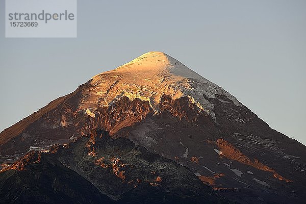 Abendsonne auf dem eisigen Gipfel  Vulkan Lanín  Nationalpark Lanín  Provinz Neuquén  Argentinien  Südamerika