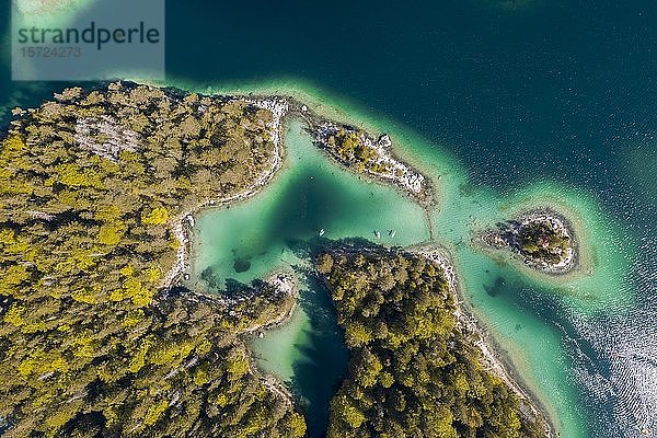 Luftaufnahme  kleine Inseln und bewaldetes Ufer von oben  Eibsee bei Grainau  Oberbayern  Bayern  Deutschland  Europa
