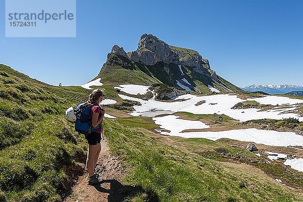 Junge Frau auf einem Wanderweg  Haidachstellwand  5-Gipfel-Klettersteig  Wanderung im Rofangebirge  Tirol  Österreich  Europa