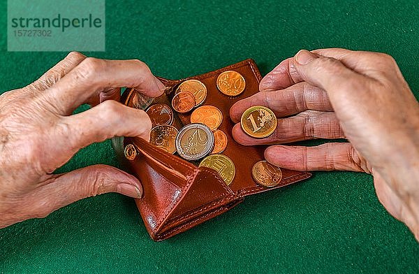 Symbolfoto Rente  Hände einer alten Frau  Rentnerin  mit Geld in ihrer Brieftasche  Deutschland  Europa