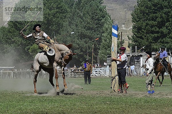 Reiterin auf einem bockenden Pferd beim Rodeo  Fiesta Nacional del Puestero  Junín de los Andes  Provinz Neuquén  Argentinien  Südamerika