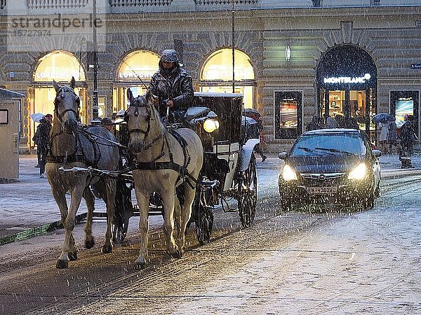 Pferdegespann Fiaker fährt durch verschneite Straße bei Schneefall  Wien  Österreich  Europa