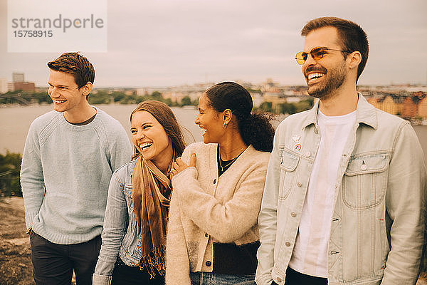 Glückliche männliche und weibliche Freunde stehen auf einer Felsformation