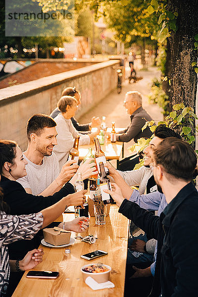 Glückliche männliche und weibliche Freunde trinken Bier  während sie im Garten sitzen