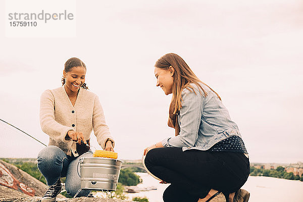 Lächelnde Freundinnen braten beim Picknick gegen den Himmel Süßkorn