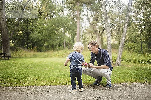 Vater und Sohn mit Spielzeugauto auf Fußweg gegen Pflanzen im Park
