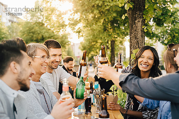 Männliche und weibliche Freunde lachen  während sie beim geselligen Beisammensein mit Getränken anstoßen