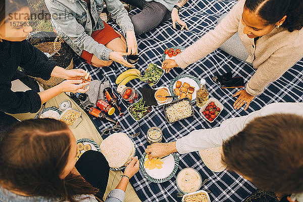 Schrägaufnahme von Freunden  die auf einer Picknickdecke essen