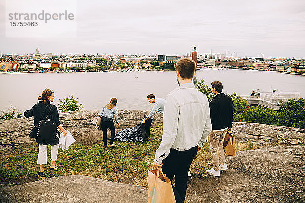 Hochwinkelaufnahme von Freunden  die sich im Sommer für ein Picknick auf einem Feld am See vorbereiten