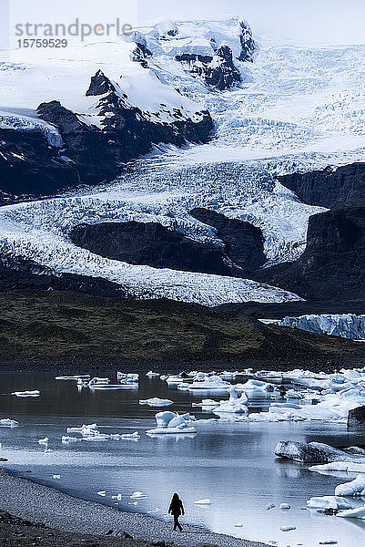 Tourist mit Blick auf Eisberge in der Gletscherlagune  Island