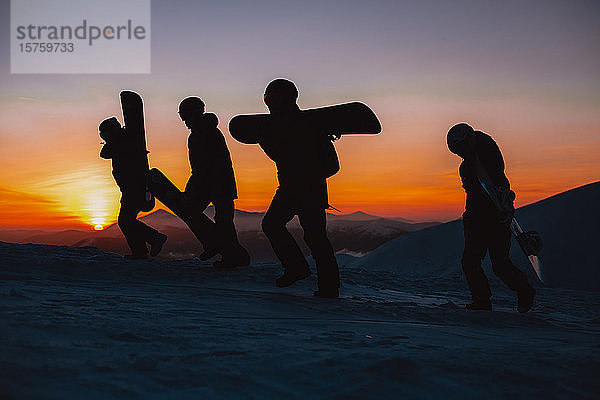Freunde wandern bei Sonnenuntergang mit Snowboards  Karpaten  Ukraine