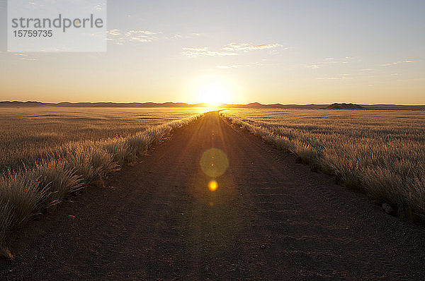 Leere Straße bei Sonnenuntergang  Kulala-Wildnisreservat  Namib-Wüste  Namibia