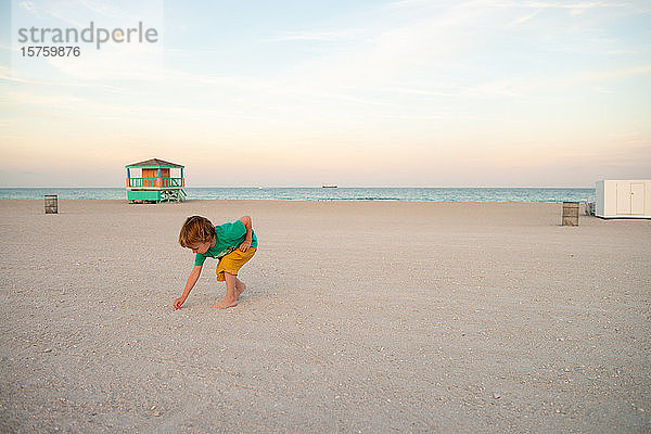 Kleinkind pflückt Muscheln am Strand  Miami Beach Front  Florida  USA