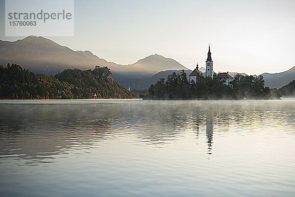 Insel Bled mit Mariä-Entschlafenskirche im Morgengrauen  Bleder See  Oberkrain  Slowenien