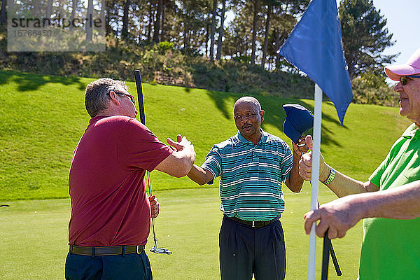 Männliche Golfer schütteln sich am Pin auf einem sonnigen Golfplatz die Hände