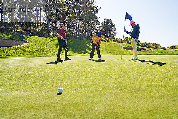 Männliche Golffreunde beim Putten zu Hause auf dem sonnigen Golfplatz