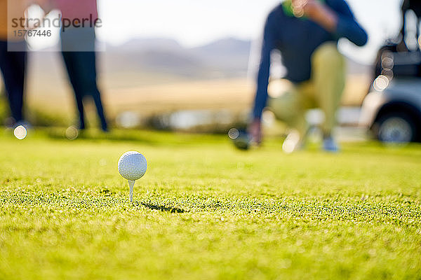 Golfball auf dem Abschlag im Gras auf einem sonnigen Abschlagplatz